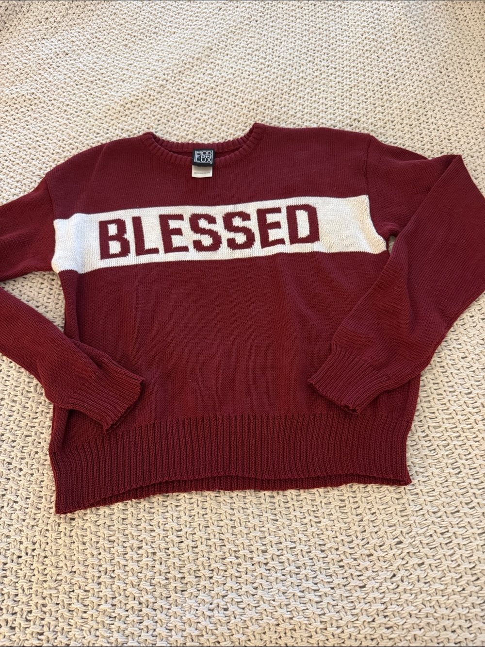 Modern Lux Maroon and Cream 'BLESSED' Crewneck Sweater